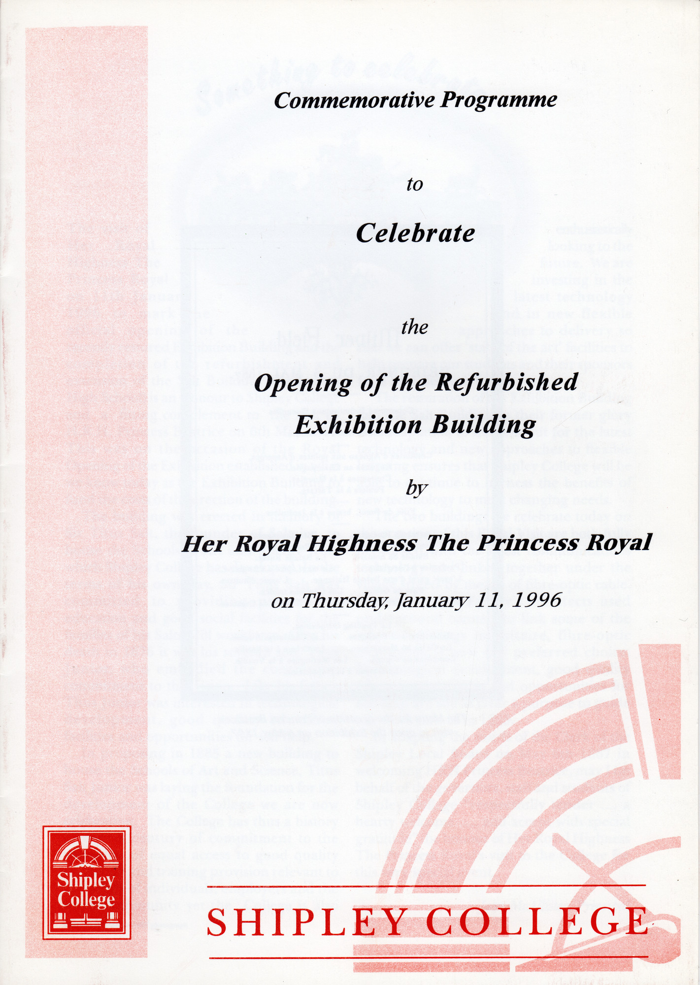 2 Commemorative Programme to Celebrate the Opening of the Refurbished Exhibition Building by HRH The Princess Royal January 11th 1996