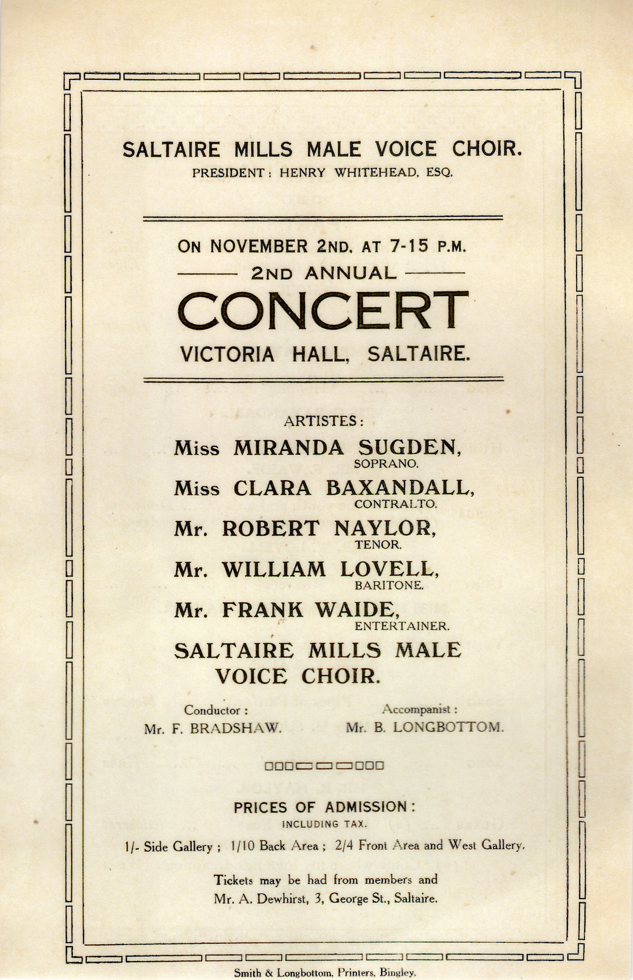 2nd Annual Concert with Saltaire Mills Male Voice Choir