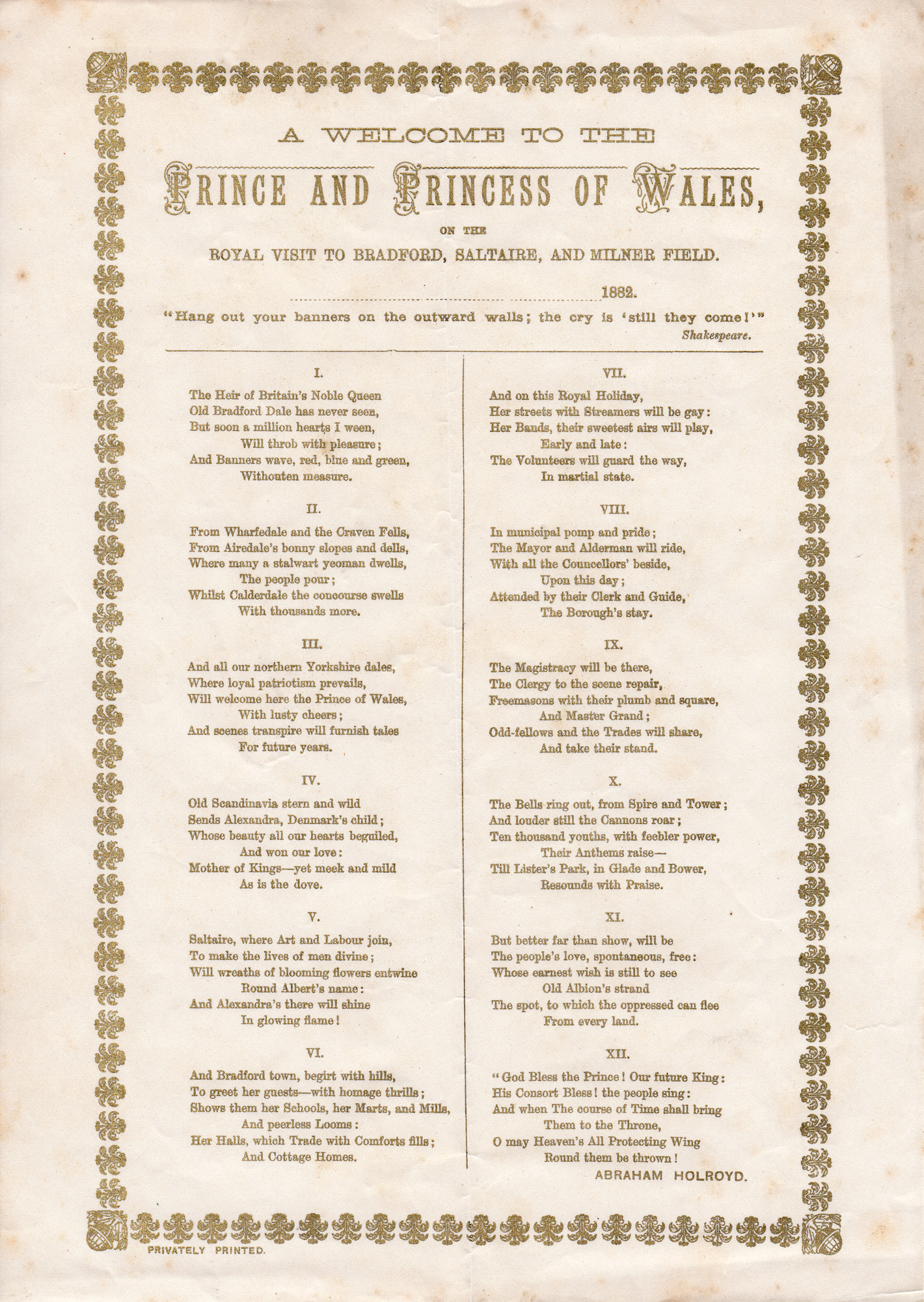 A Welcome for Prince & Princess of Wales on the visit Bradford, Saltaire and Milner Field