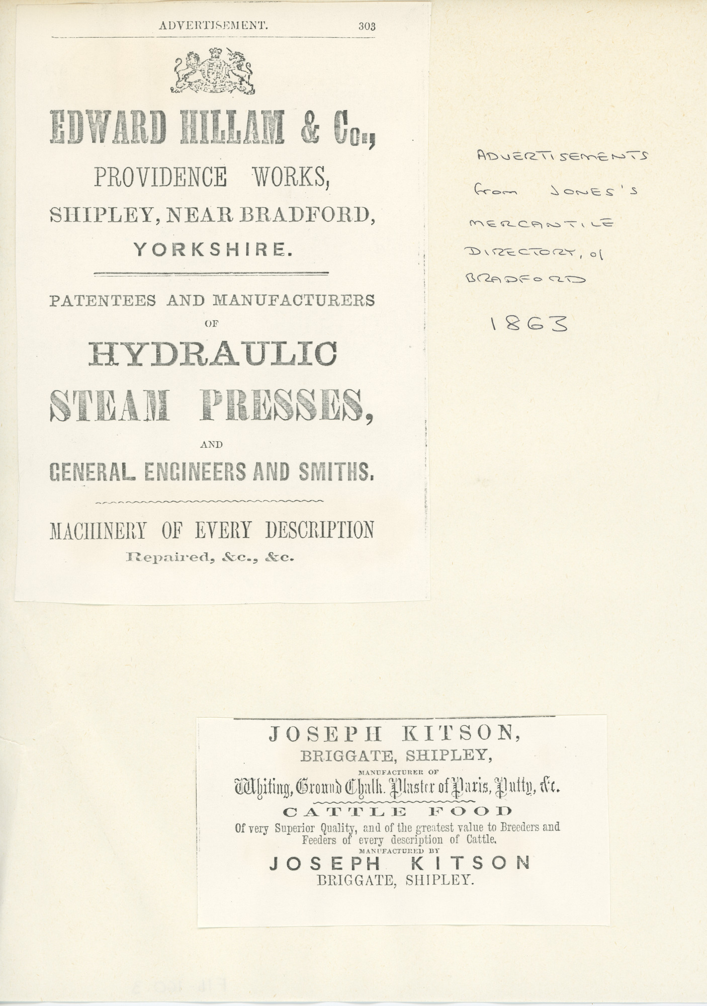 Adverts from Jones's Mercantile Directory of Bradford 1863