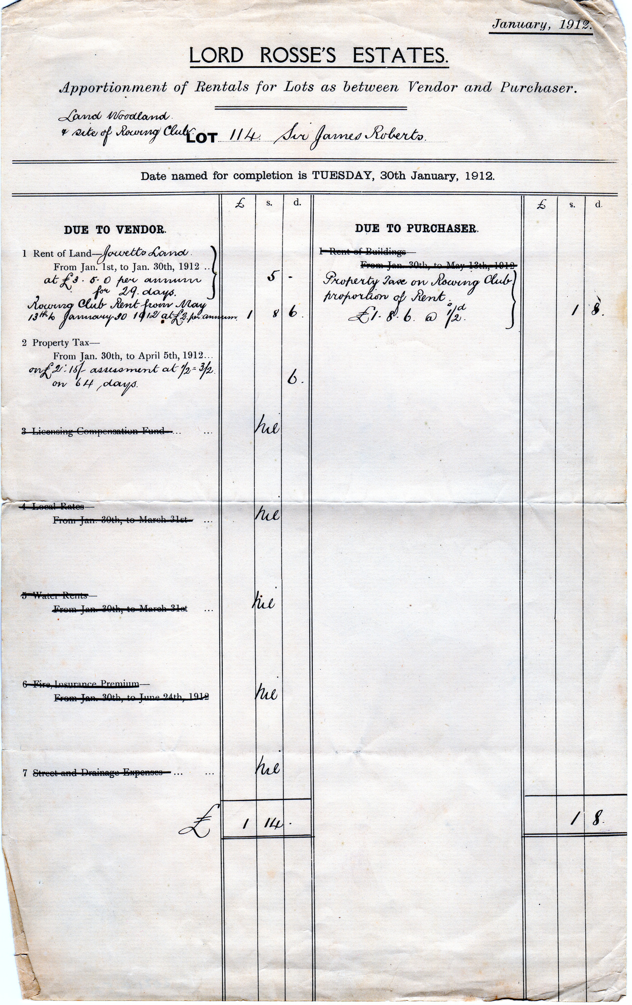 Apportionment of rentals to Sir James Roberts