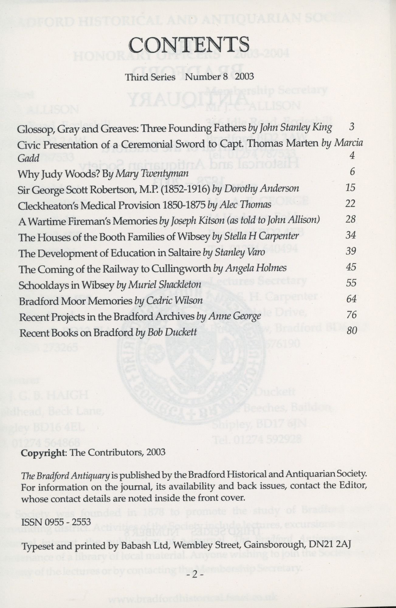 Bradford Antiquary - 2003: Contents page