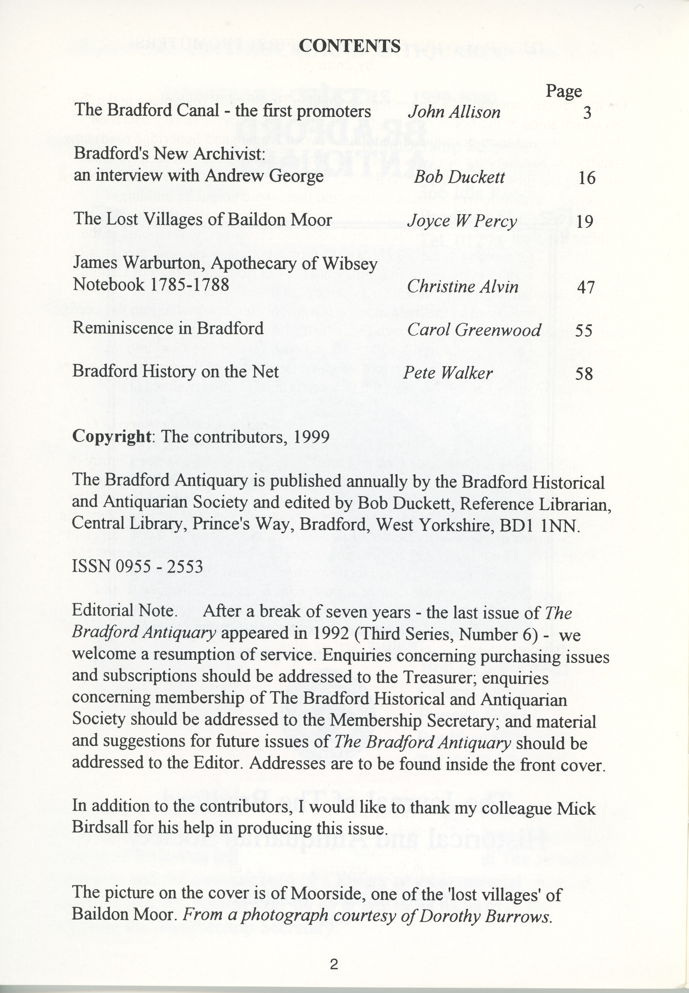 Bradford Antiquary Third Series No.7 1999: Contents page