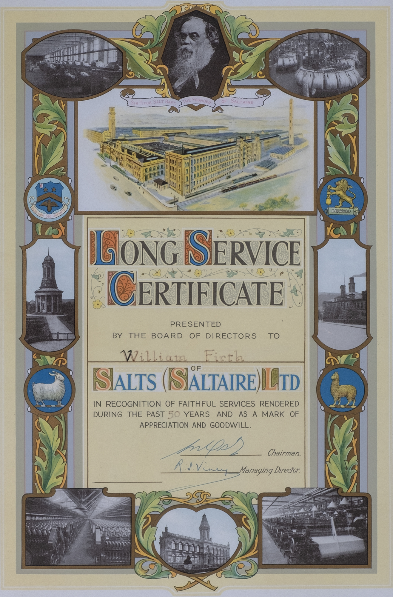 Long service ceritificate for William Firth: Certificate only