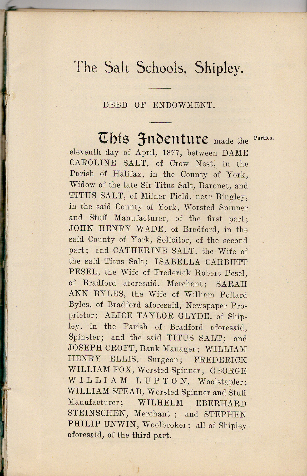 Salt Schools Deed of Endowment: Deed - page 1