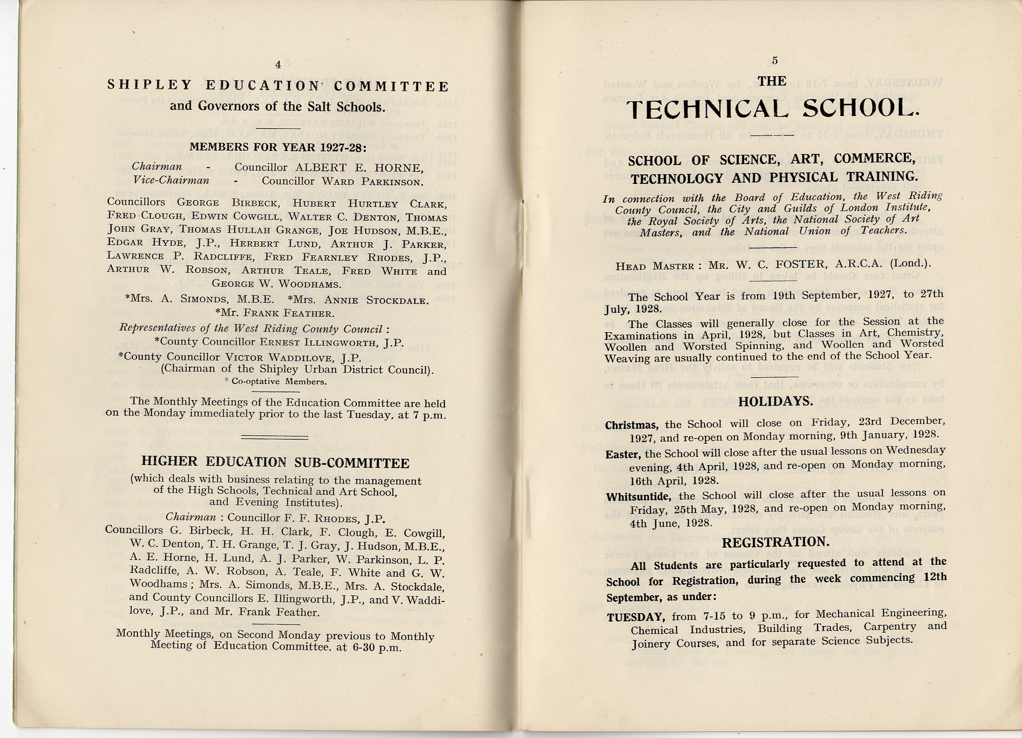 Salt School's Technical School Prospectuses (1927-1940): Prospectus 1927-1928 - pages 4 and 5