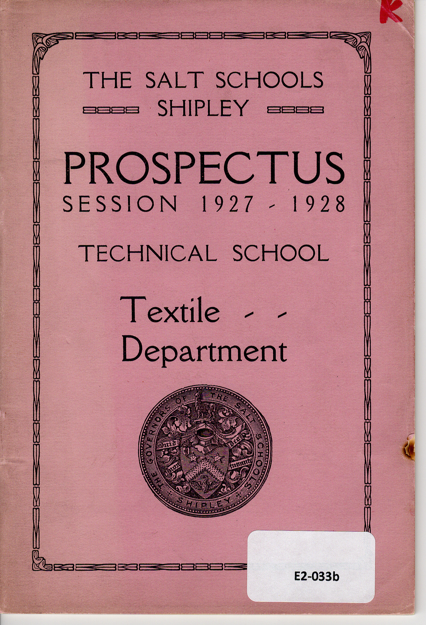 Salt School's Technical School Prospectuses (1927-1940): Prospecuts 1927-1928 - front cover