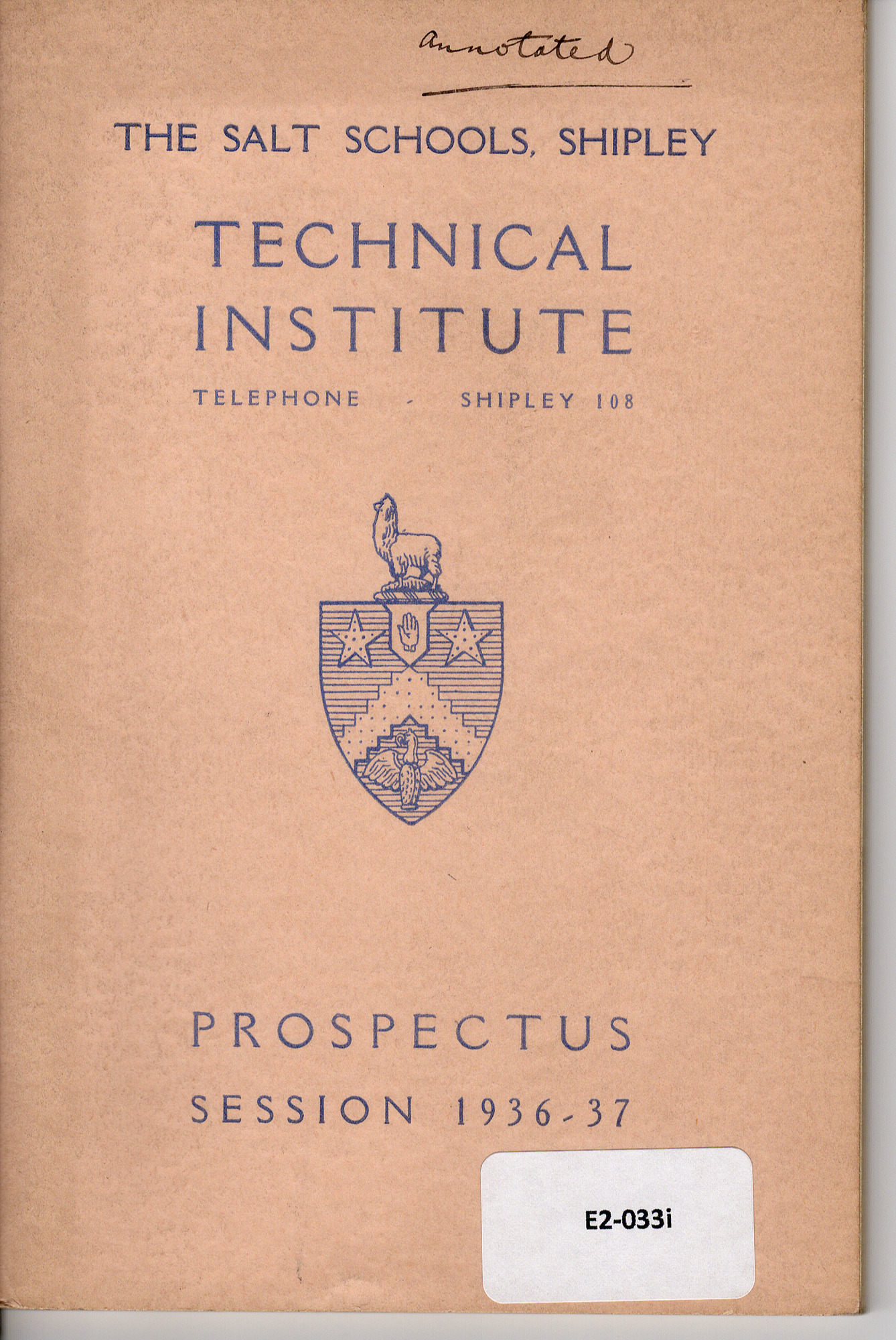Salt School's Technical School Prospectuses (1927-1940): Prospectus 1936-37 - front cover