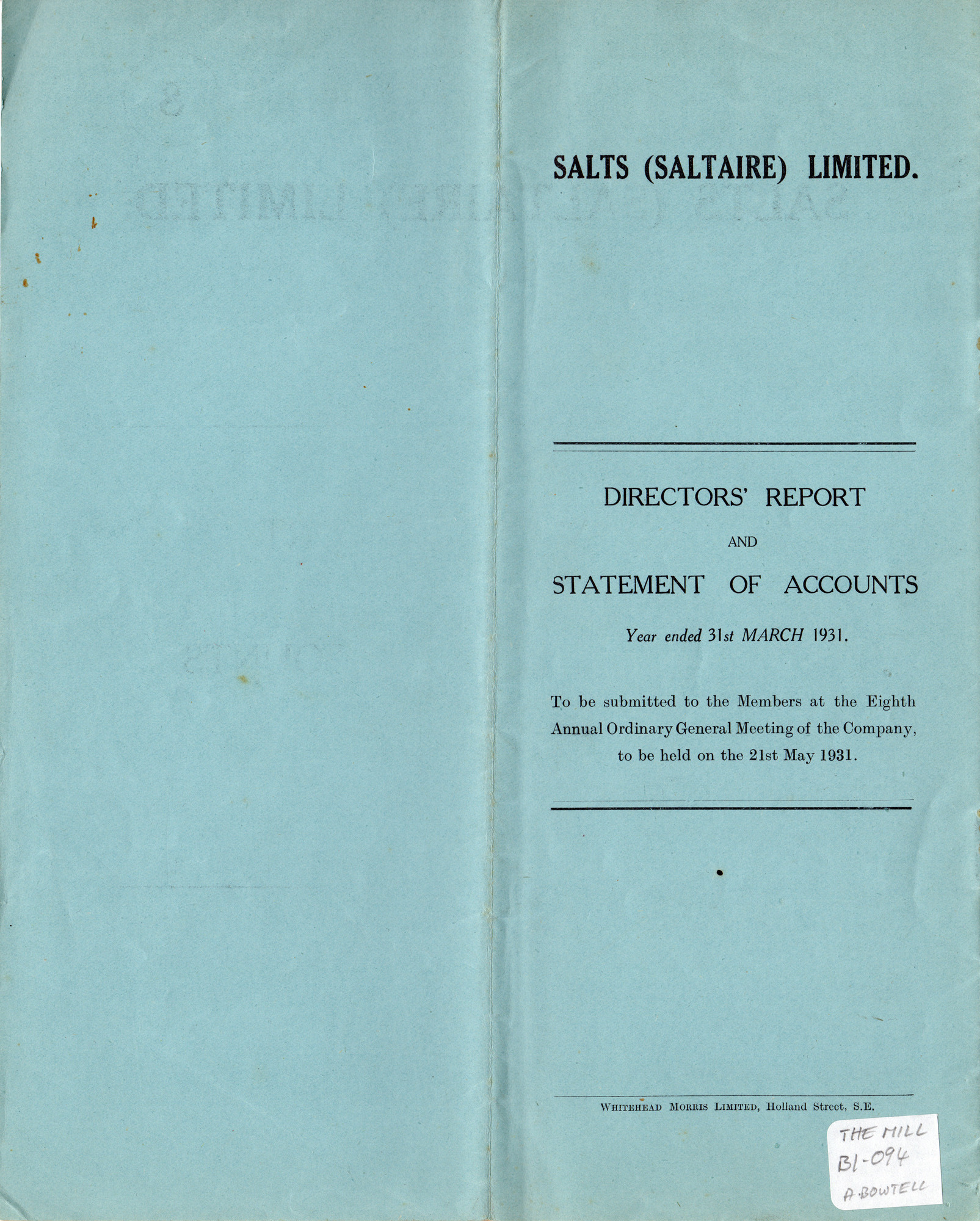 Salts (Saltaire) Ltd Directors Report and Statement of Accounts : 31st March 1931: Back cover