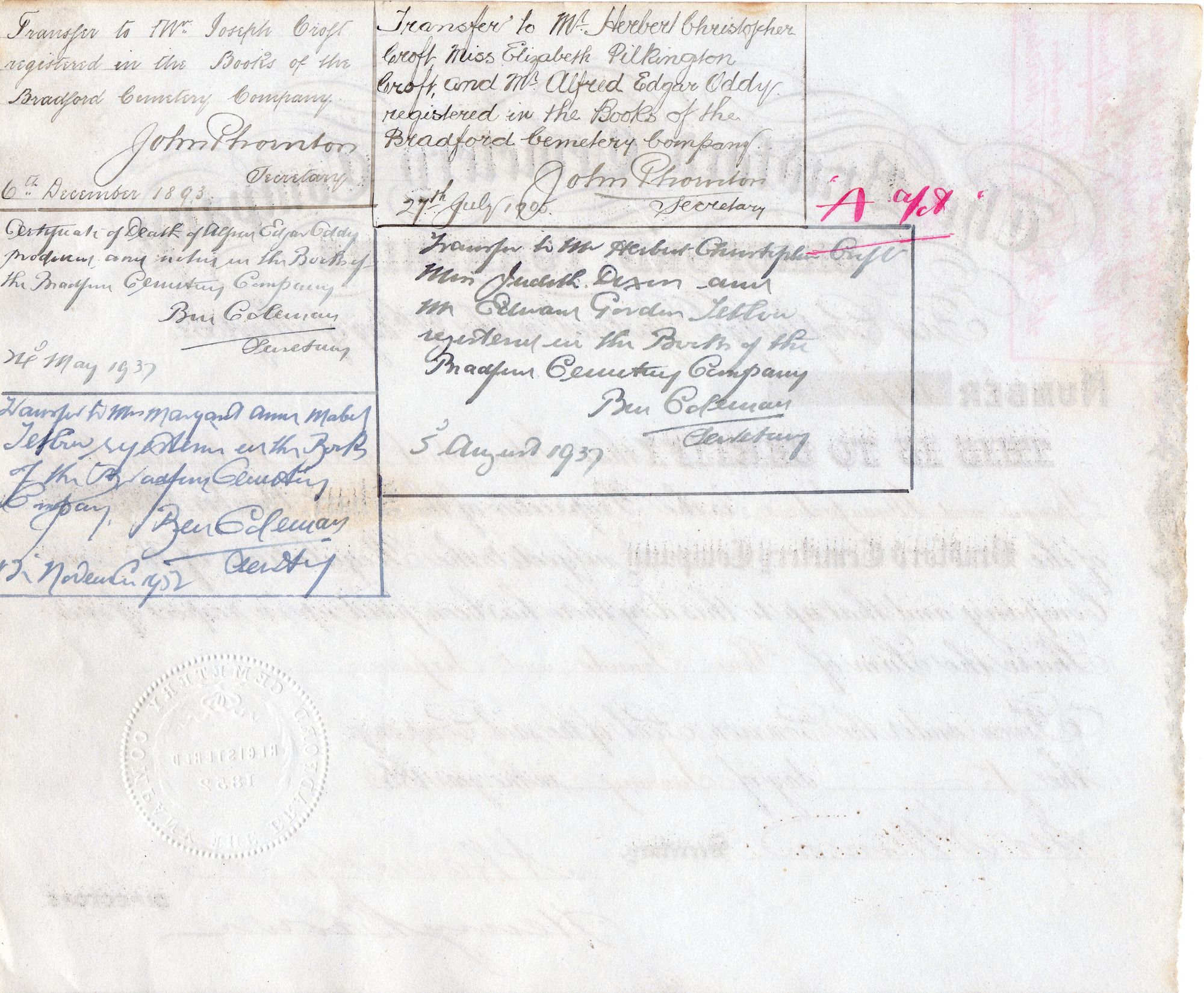 Share certificate of the Bradford Cemetery Company: Back of certificate