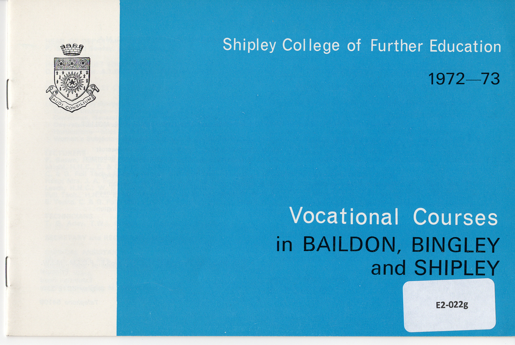 Shipley College Documents: Vocational courses brochure 1972-73 - front cover