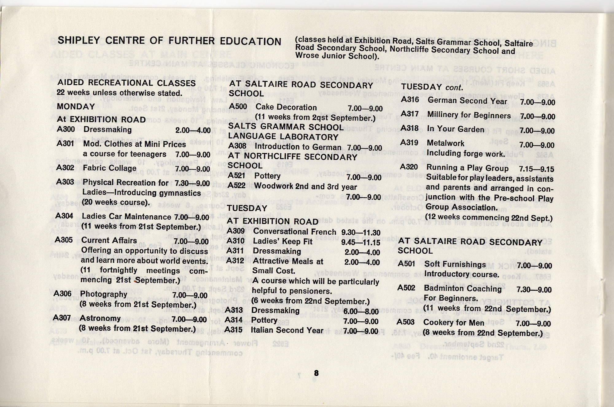 Shipley College Documents: Recreational classes brochure 1970-71 - page 8