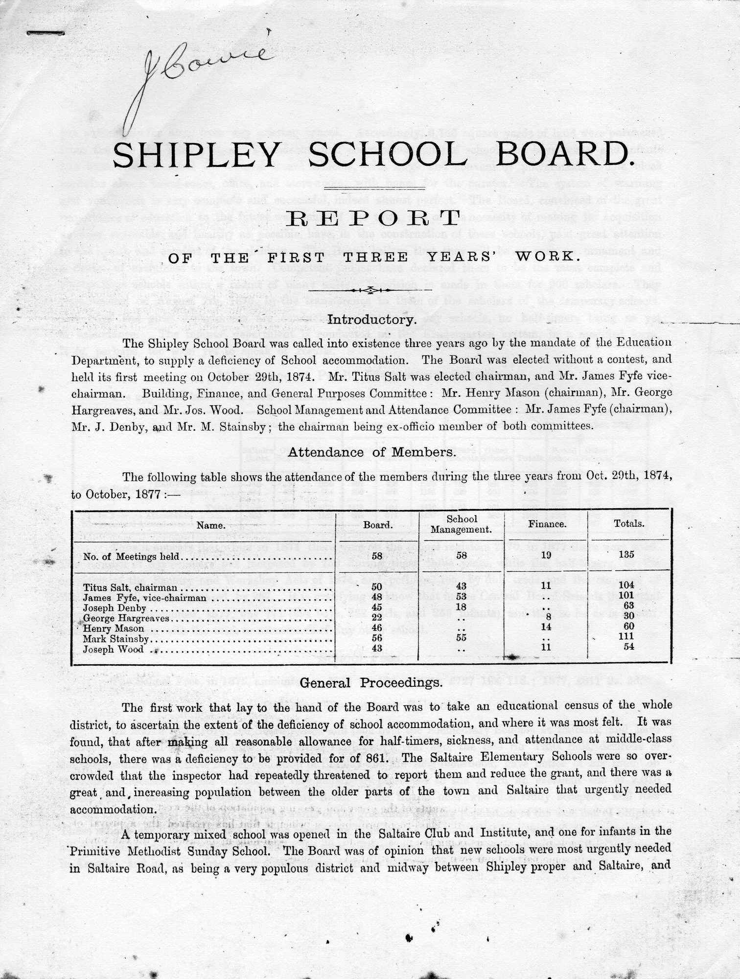 Shipley School Board Report of the first three years' work