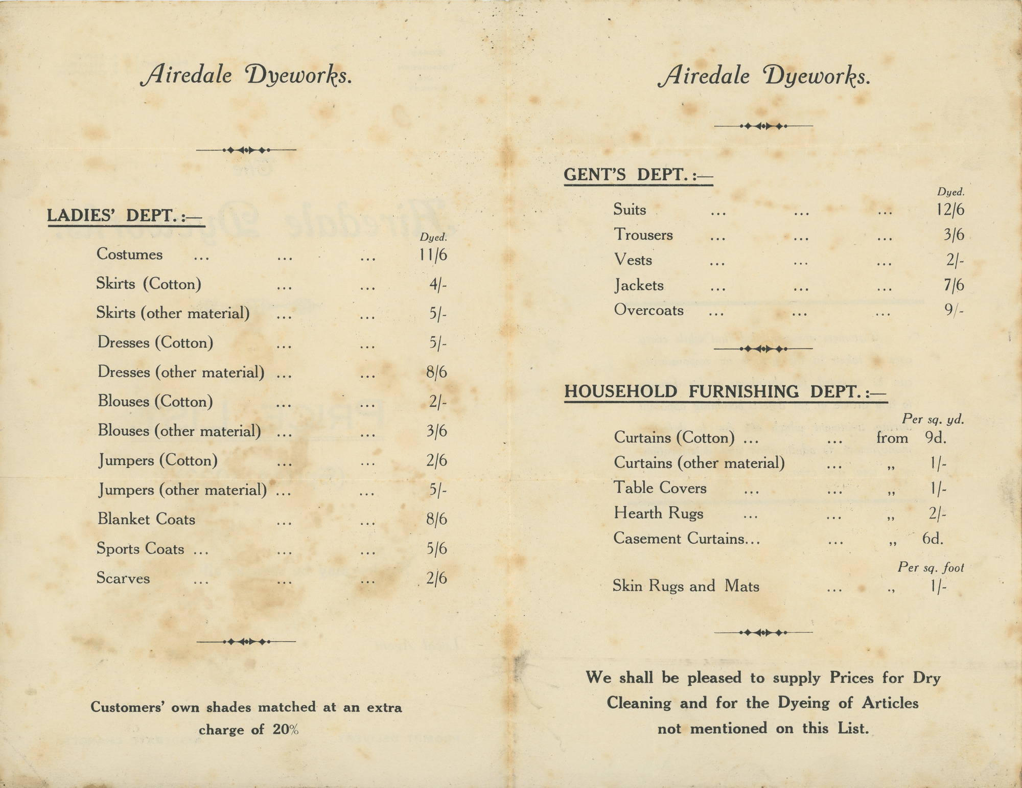 The Airedale Dyeworks pricelist (Spring 1922): Inside pages