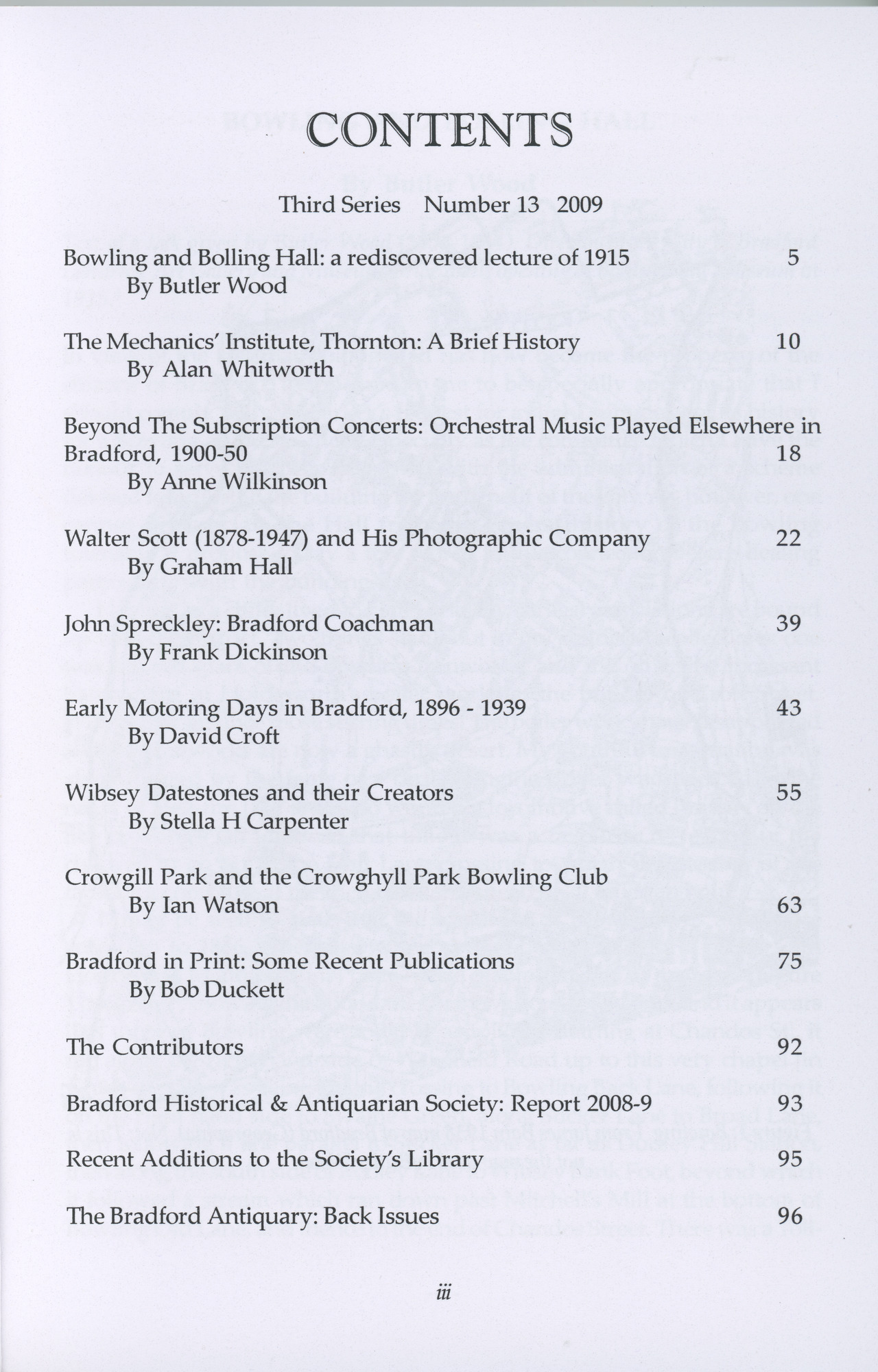 The Bradford Antiquary 2009: Contents page