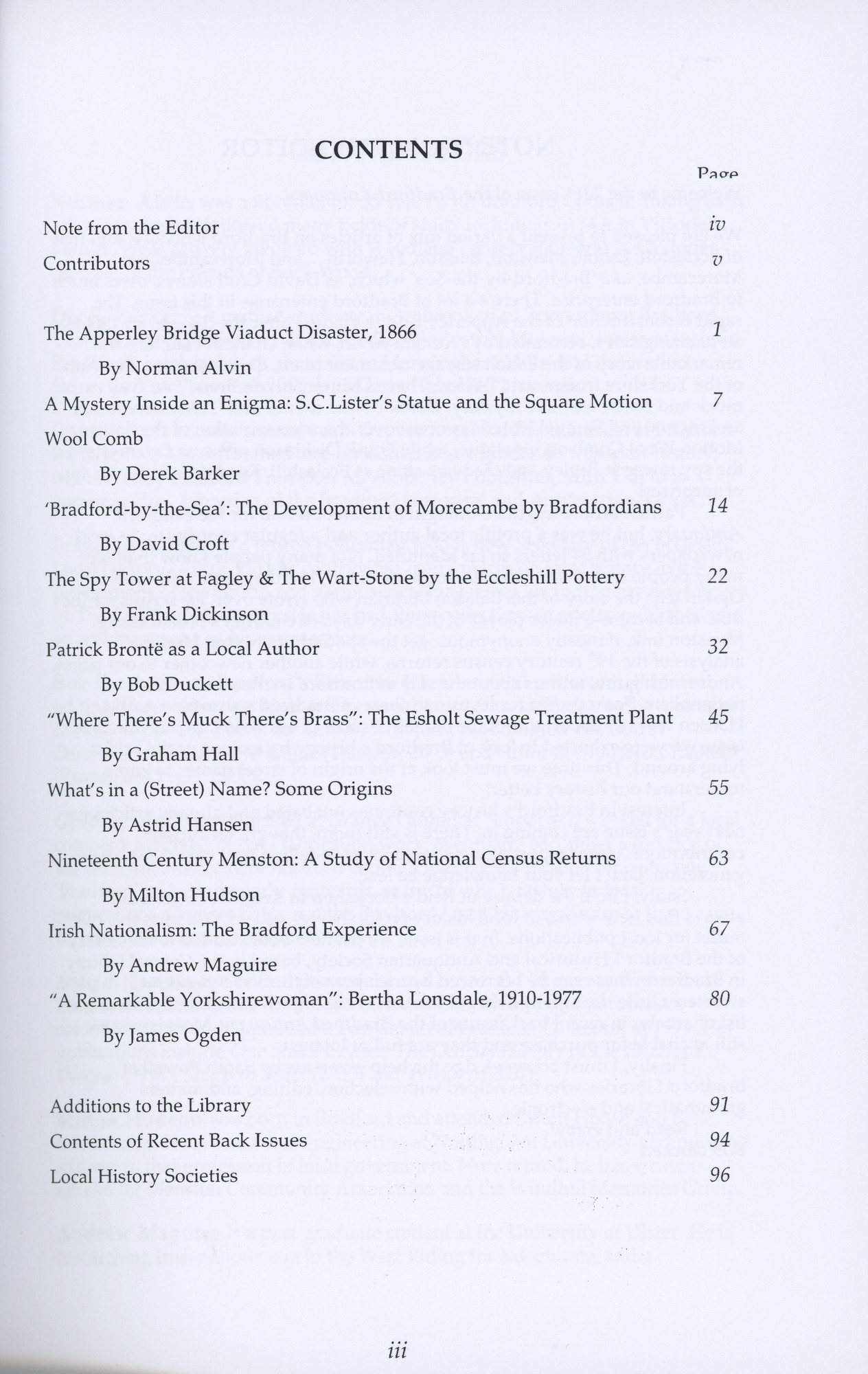 The Bradford Antiquary 2011: Contents page