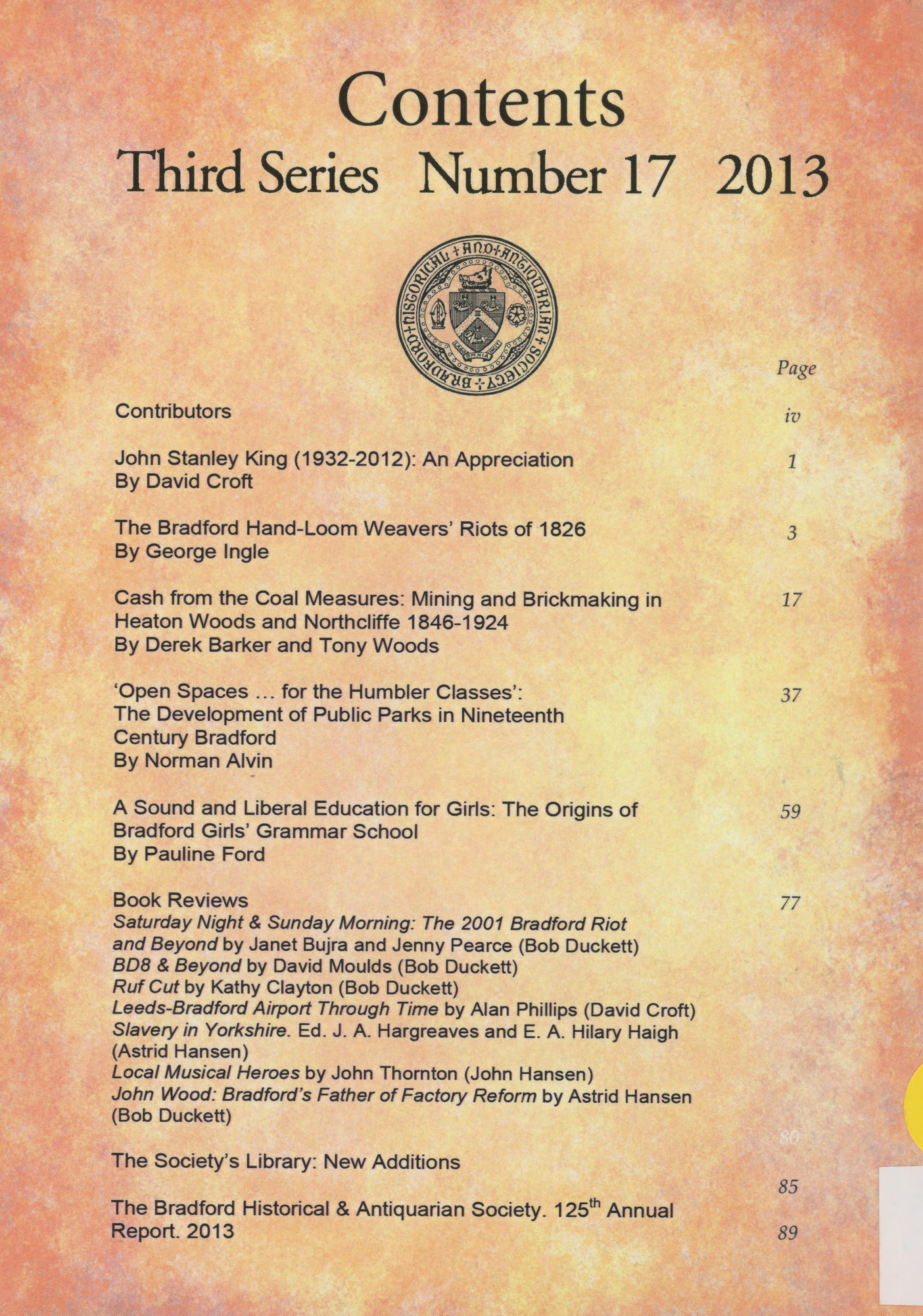 The Bradford Antiquary 2013: Back cover with contents