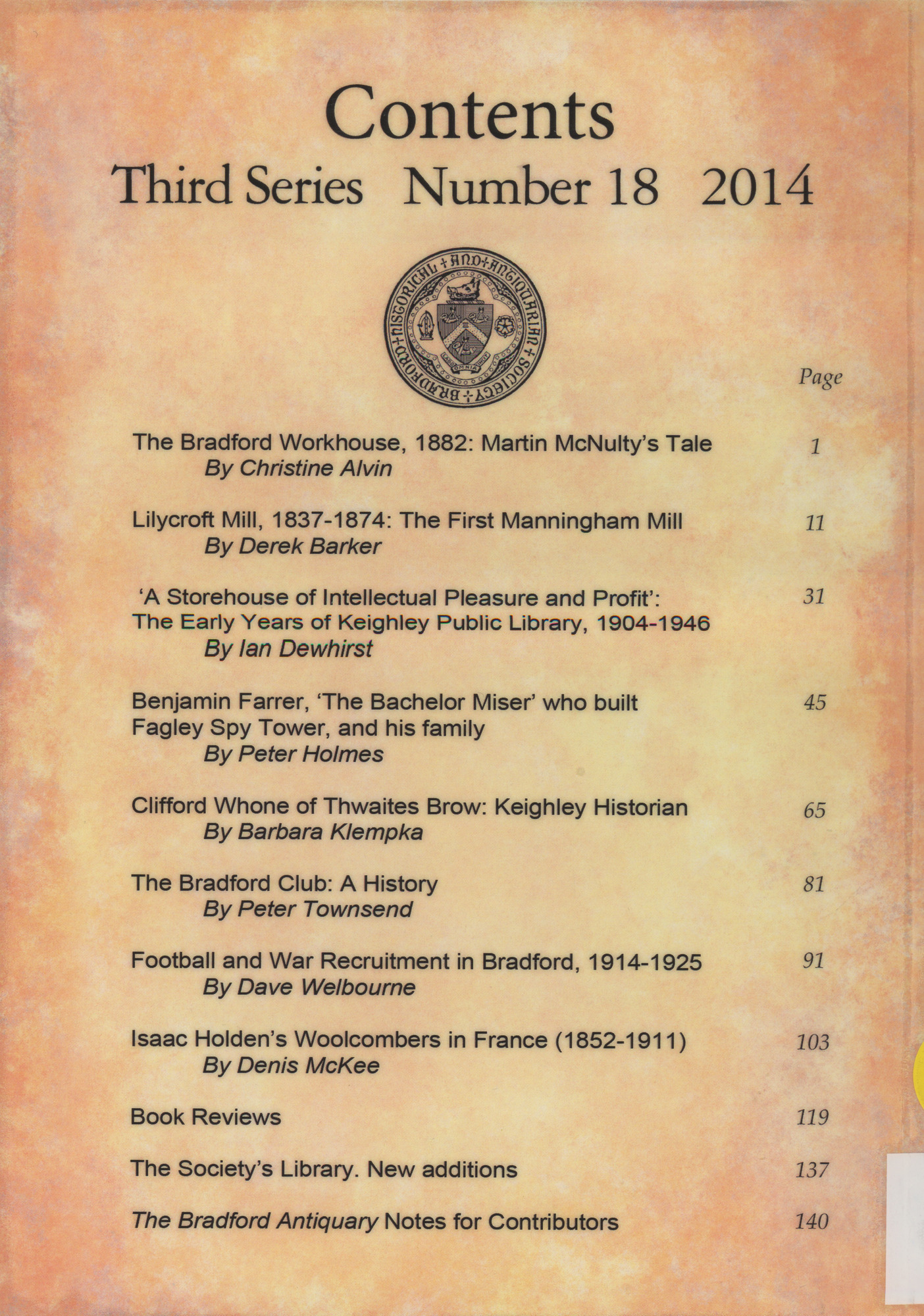 The Bradford Antiquary 2014: Back cover with contents