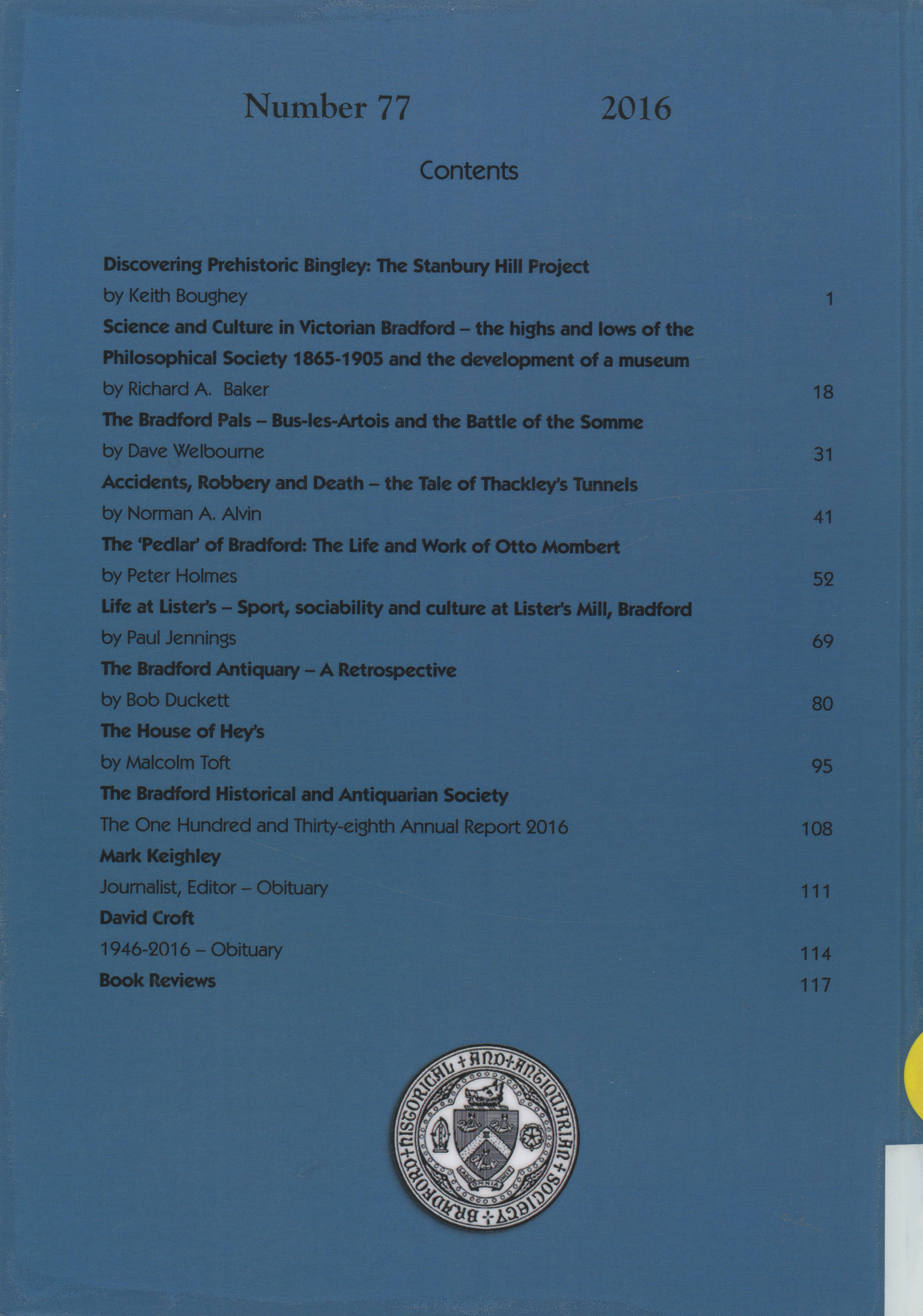 The Bradford Antiquary 2016: Back cover with contents