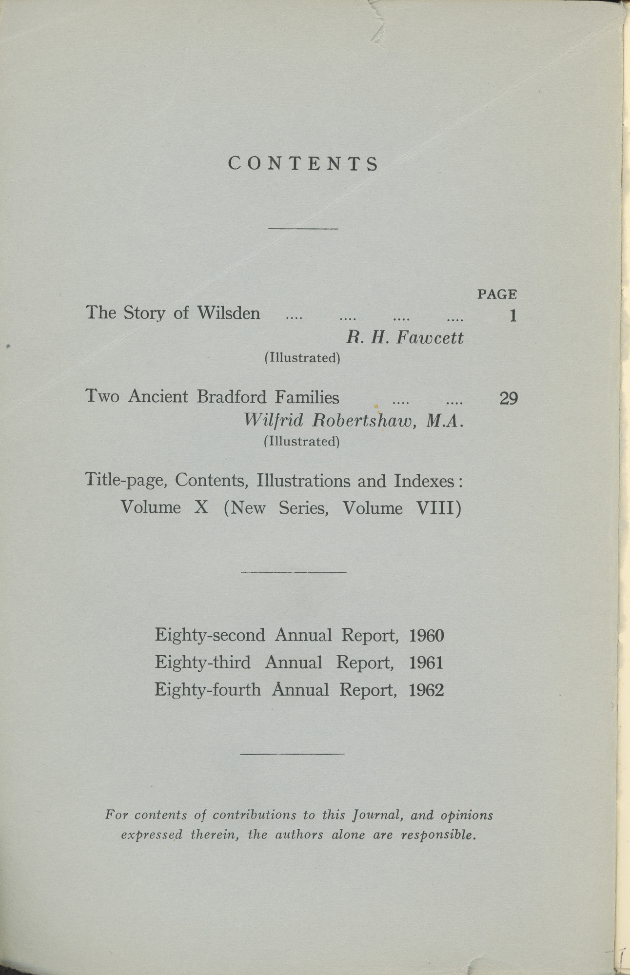 The Bradford Antiquary December 1962: Contents page