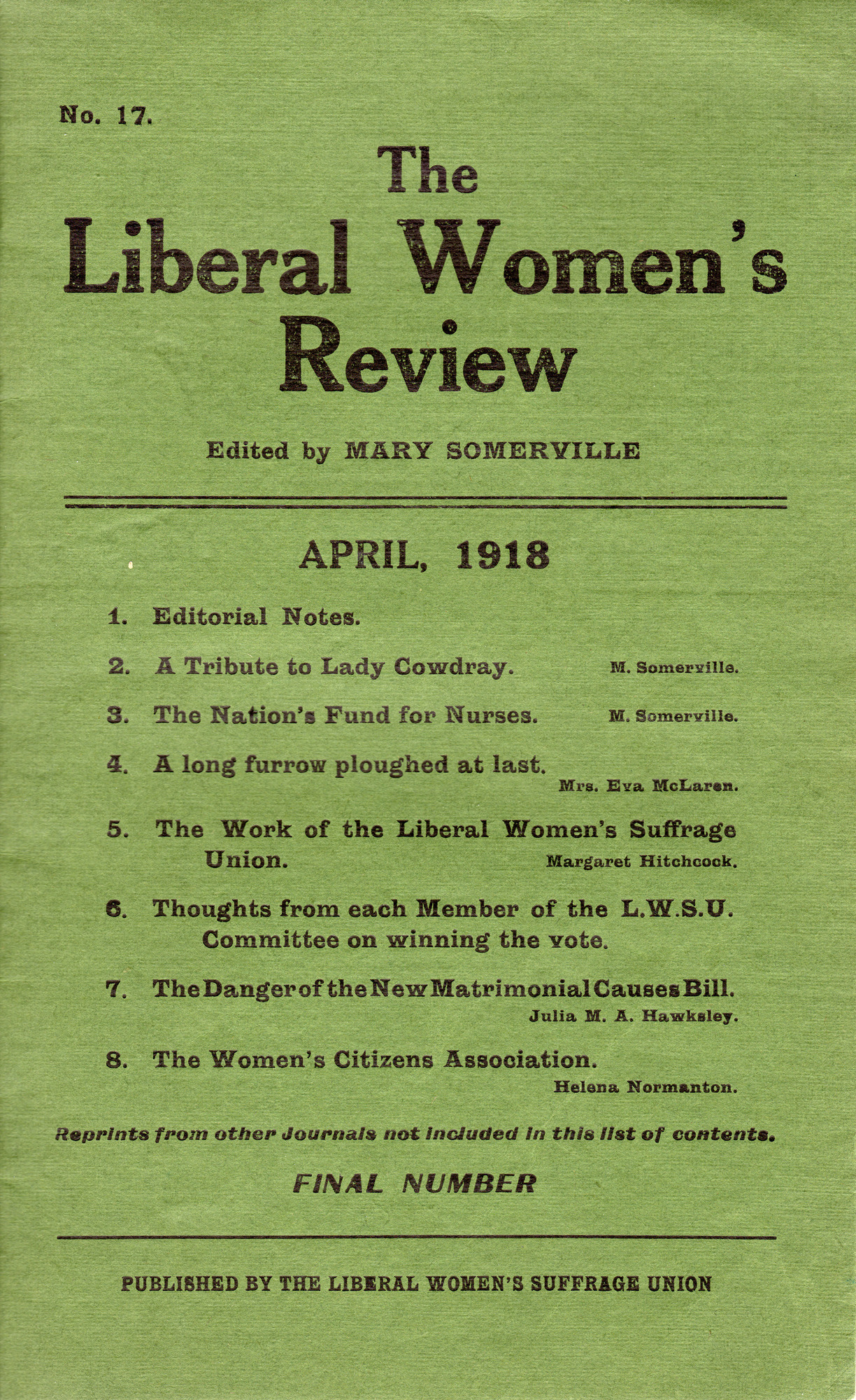 The Liberal Women's Review: Front cover