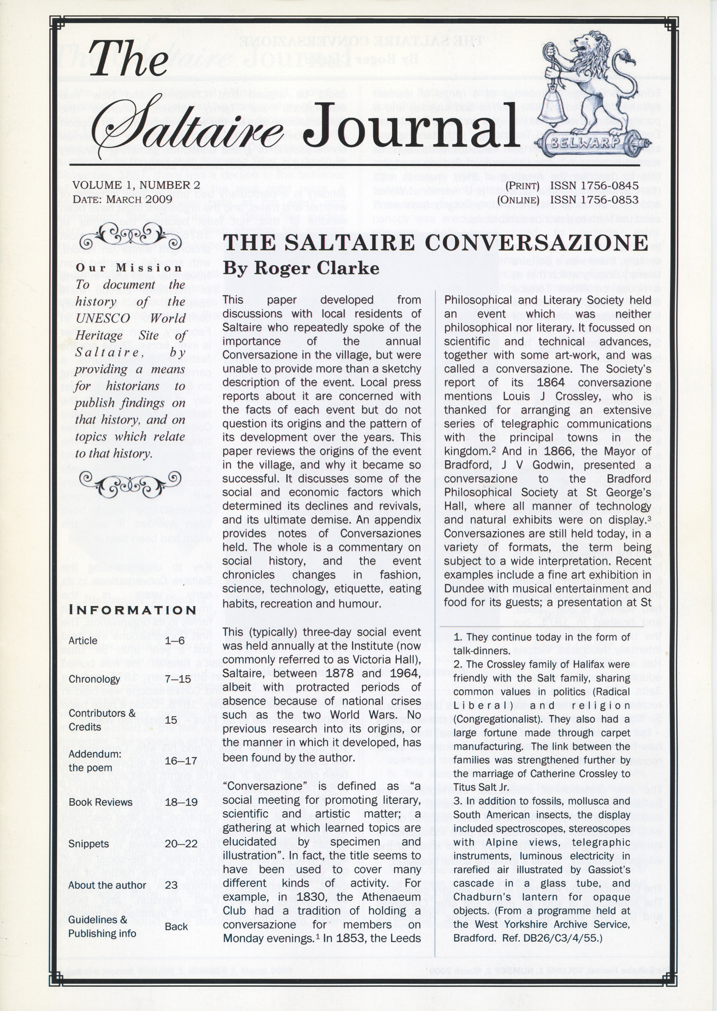 The Saltaire Journal Vol.1 No.2 March 2009 The Saltaire Conversazione by Roger Clarke
