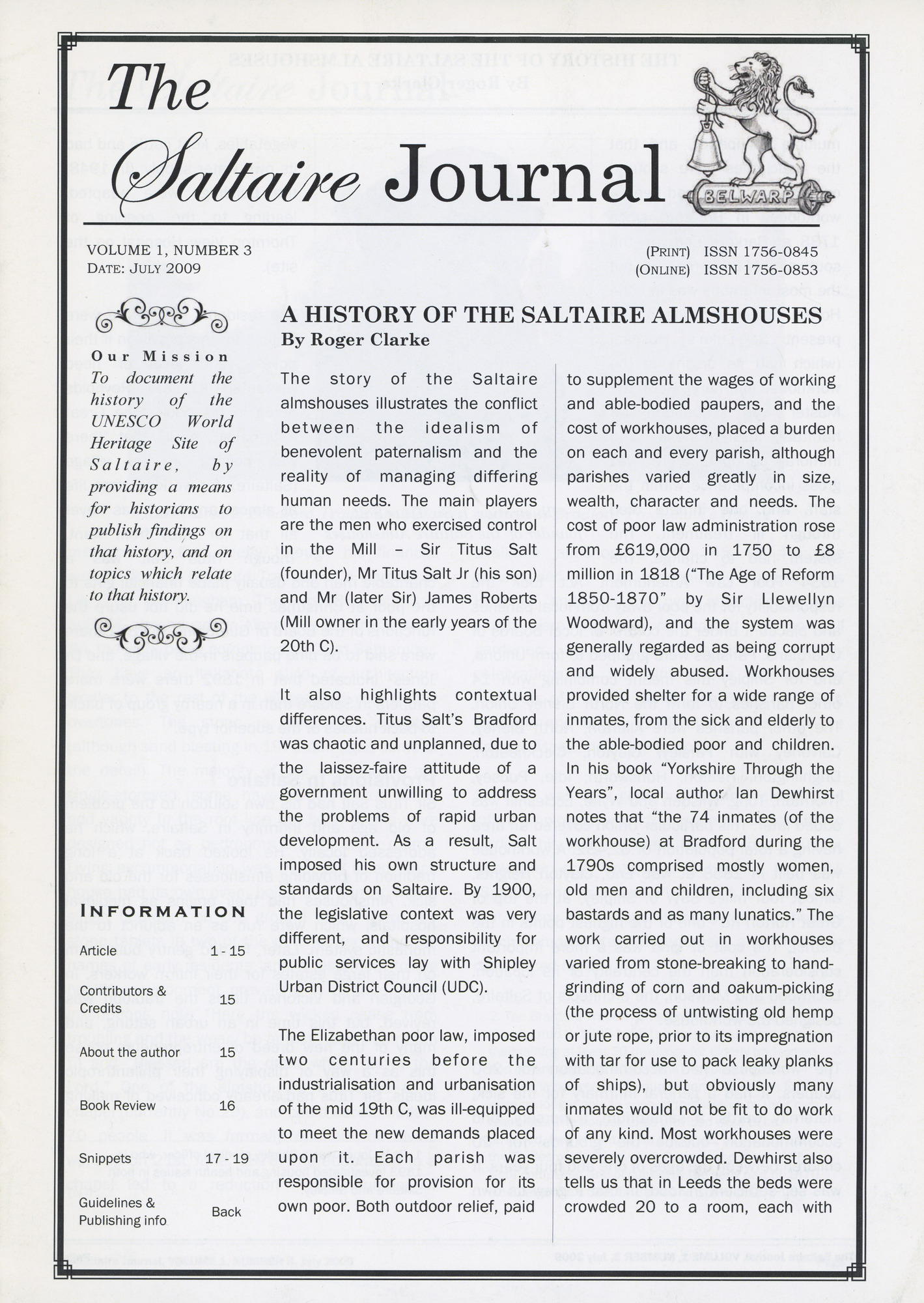 The Saltaire Journal Vol.1 No.3 July 2009. A History of the Saltaire Almshouses