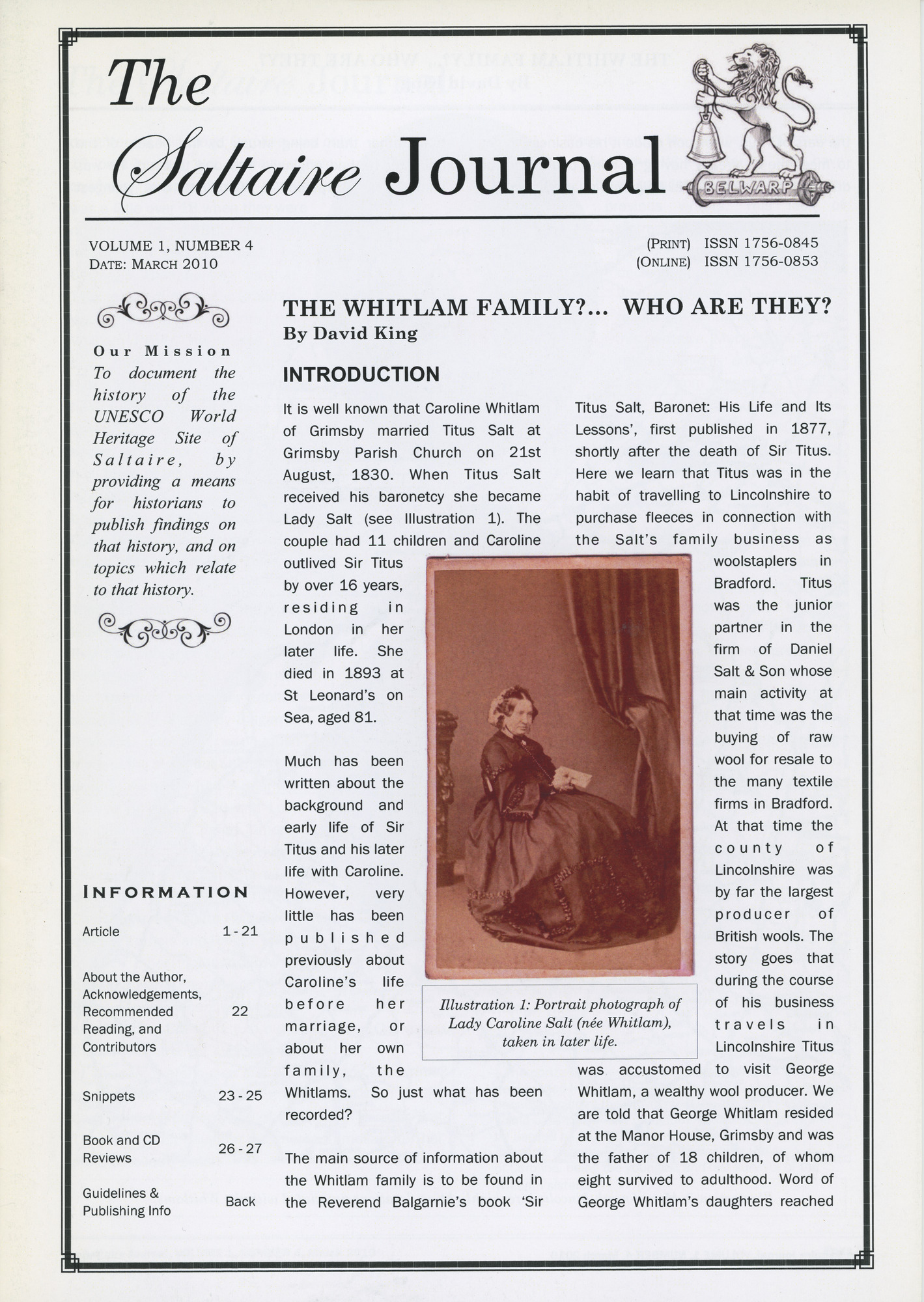 The Saltaire Journal Vol.1 No.4 March 2010. The Whitlam Family?....Who are they?