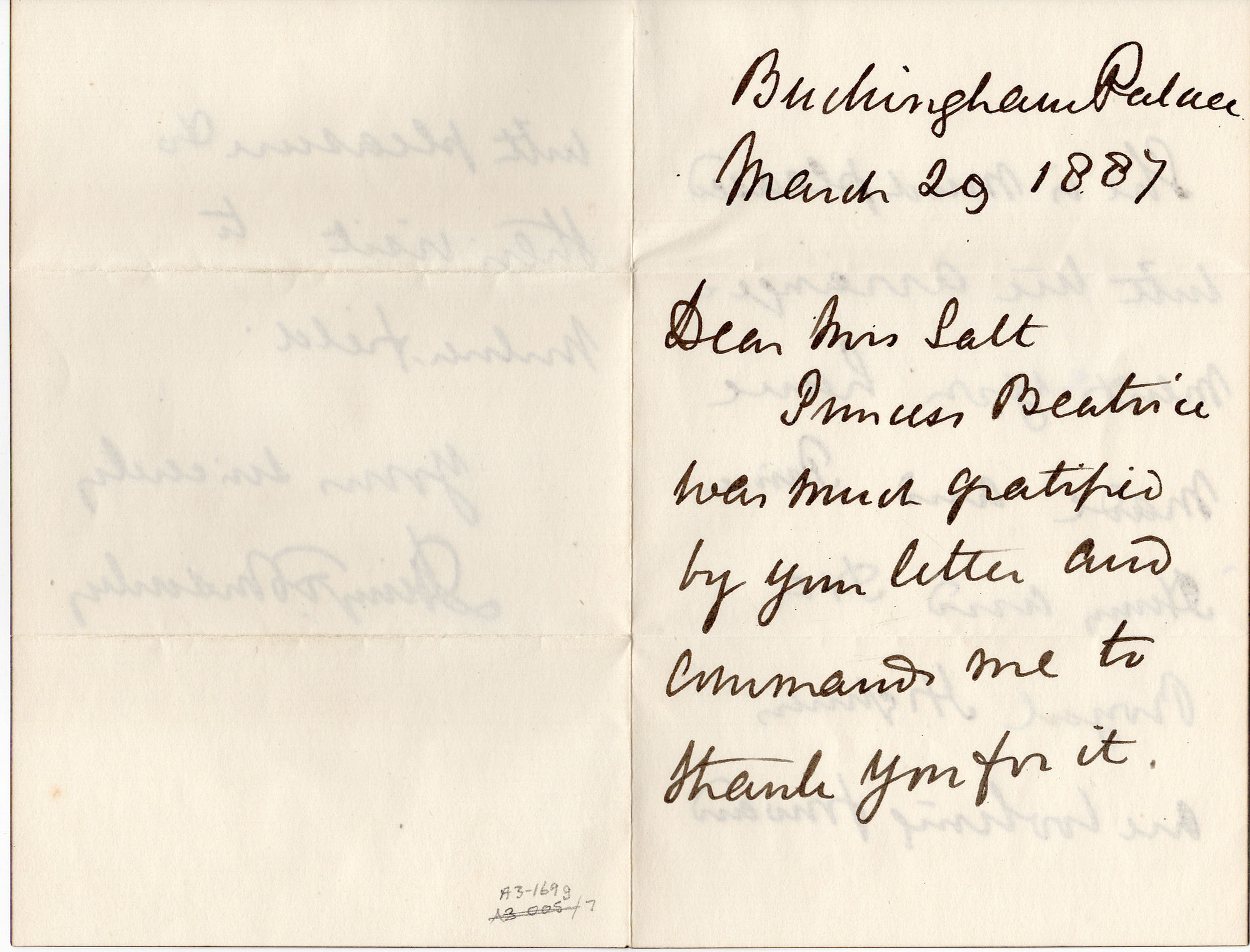 Letter to Catherine Salt about the visit of Princess Beatrice: Page 1