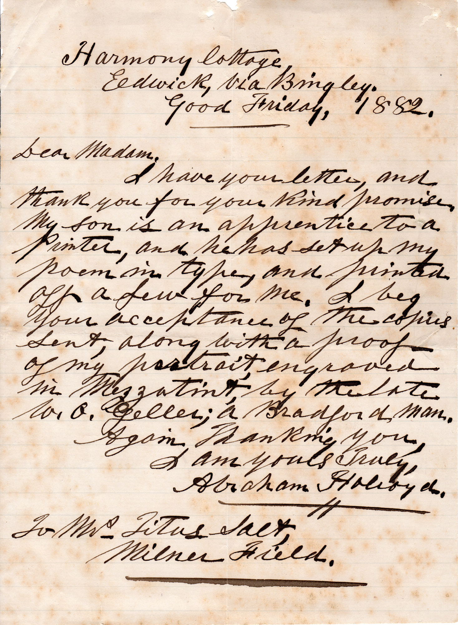 Letter to Mrs Titus Salt about royal visit