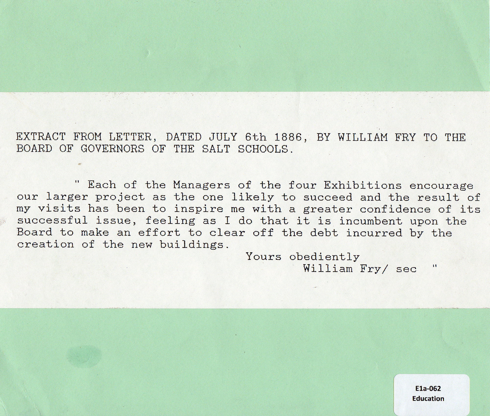 Letter to school governors about the Royal Yorkshire Jubillee Exhibition