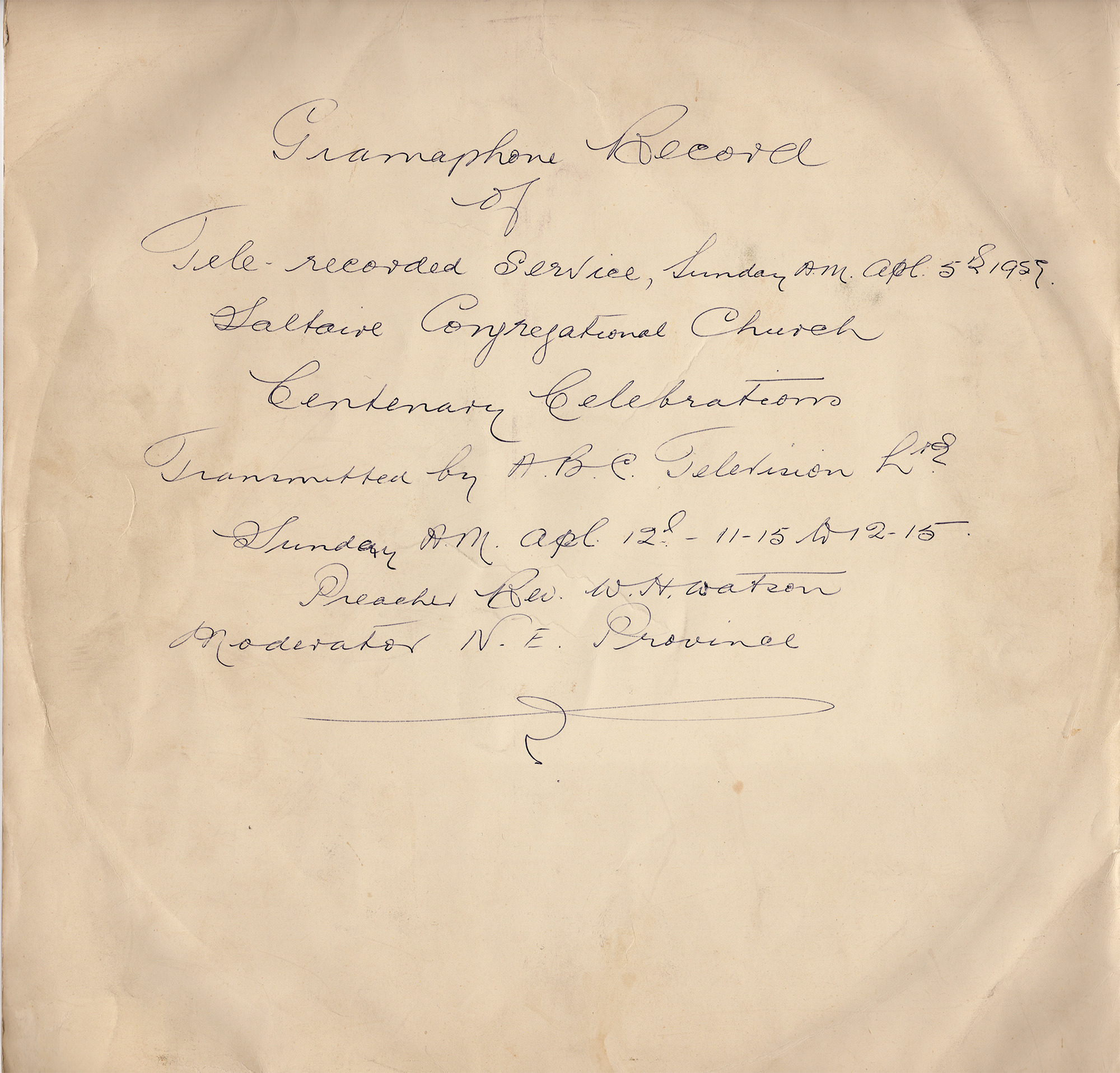 Gramophone recording of service at Saltaire Congregational Church 1959