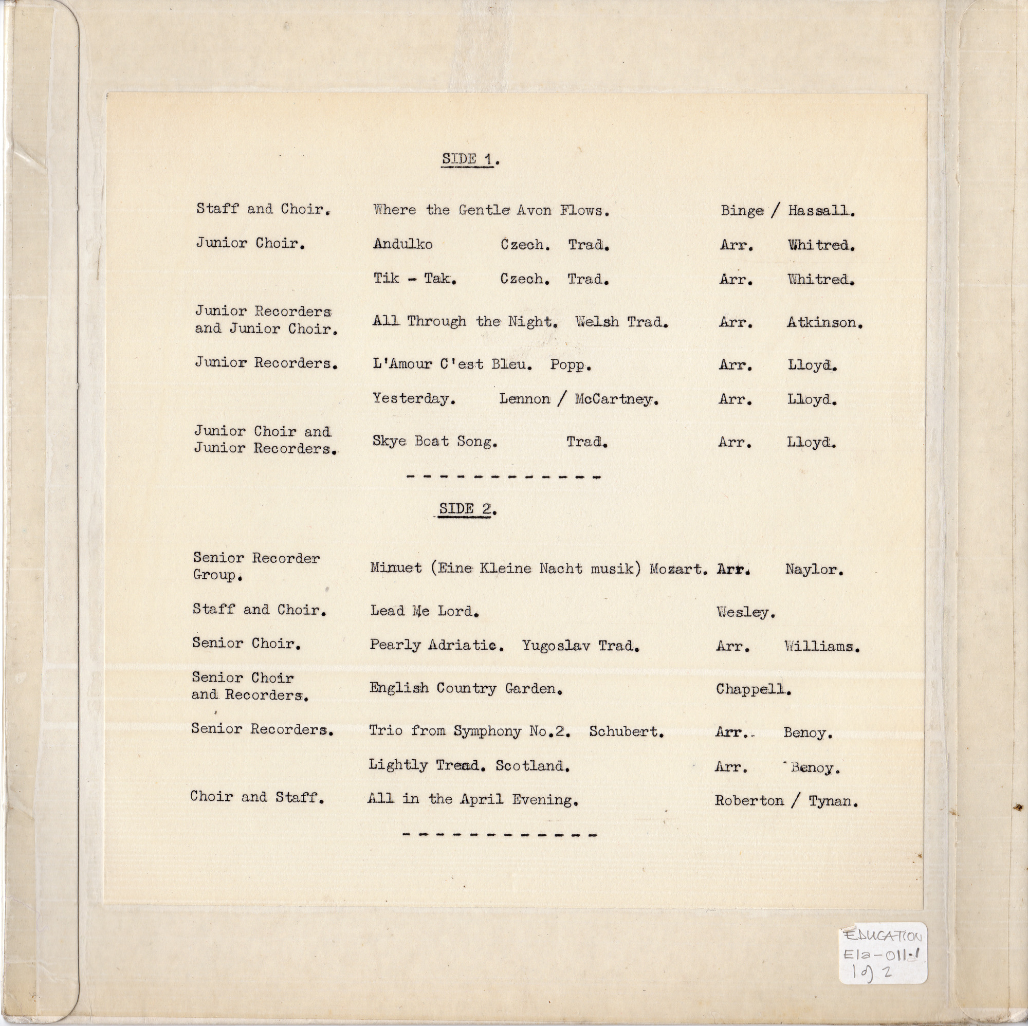 Music from Albert Road J M School 1969: Back of sleeve