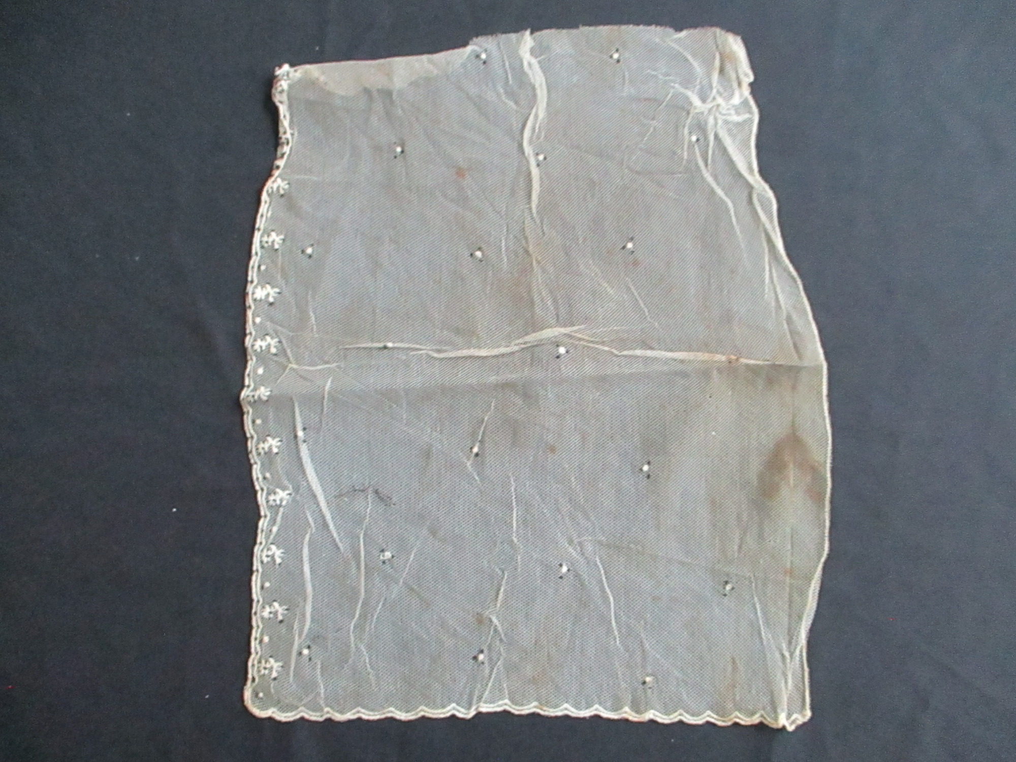 Piece of decorated cream netting.: Piece of cream nylon netting shown against black background highlighting condition.