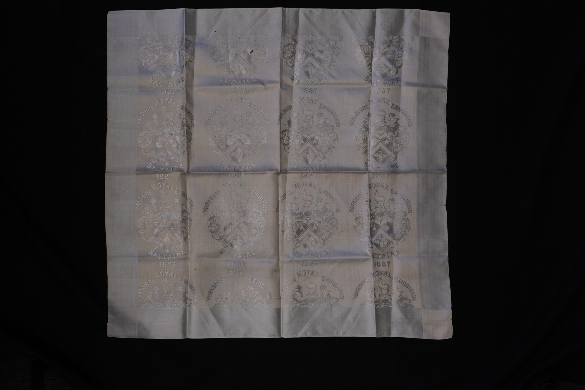 Royal Yorkshire Exhibition 'Saltaire 1887' silk scarf: Front of whole scarf