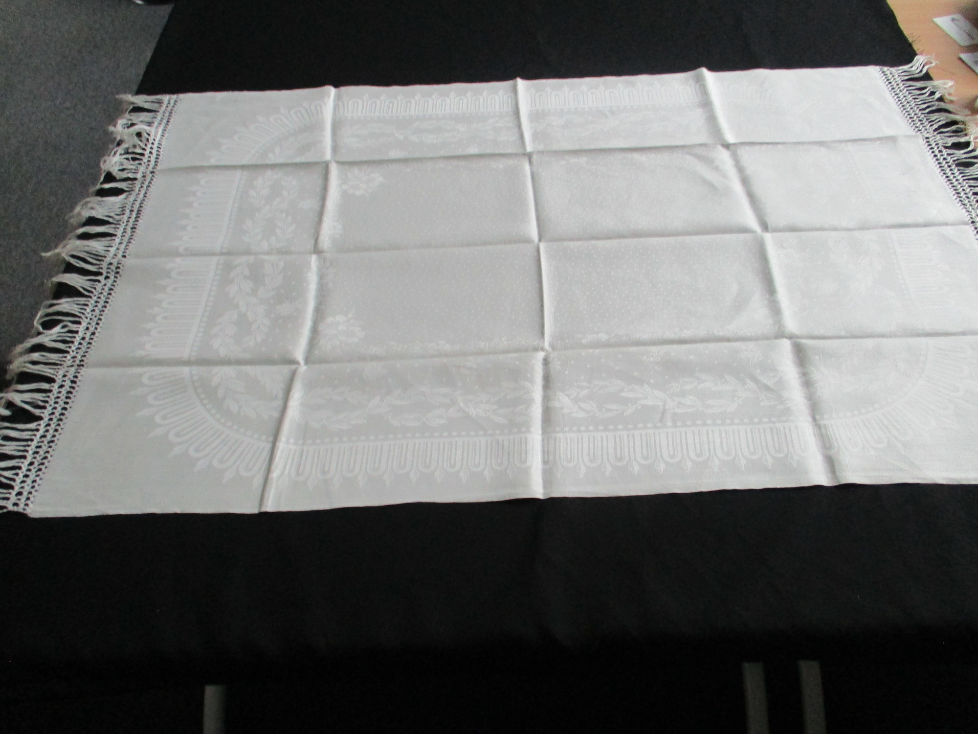 Two fringed damask towels: Full view of damask towel