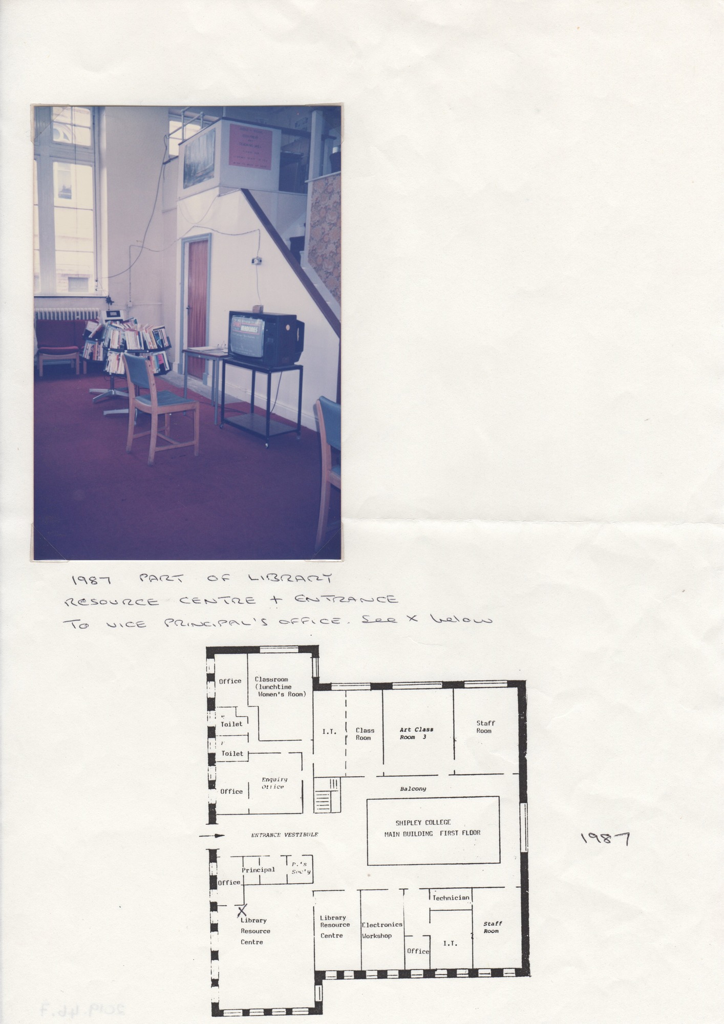 1987 1st floor plan of college and a photo of the resource centre