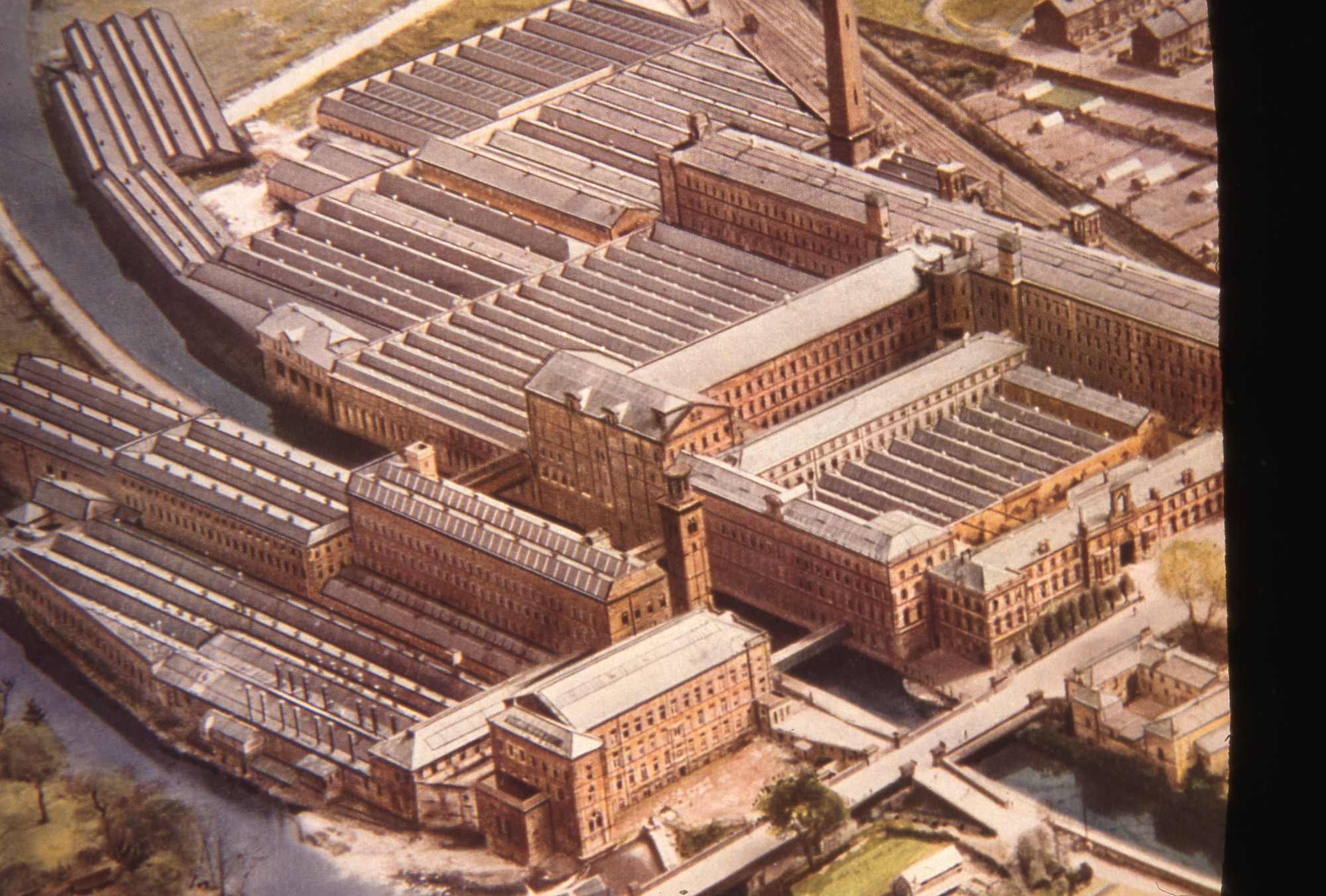 Aerial view of mill, river & canal