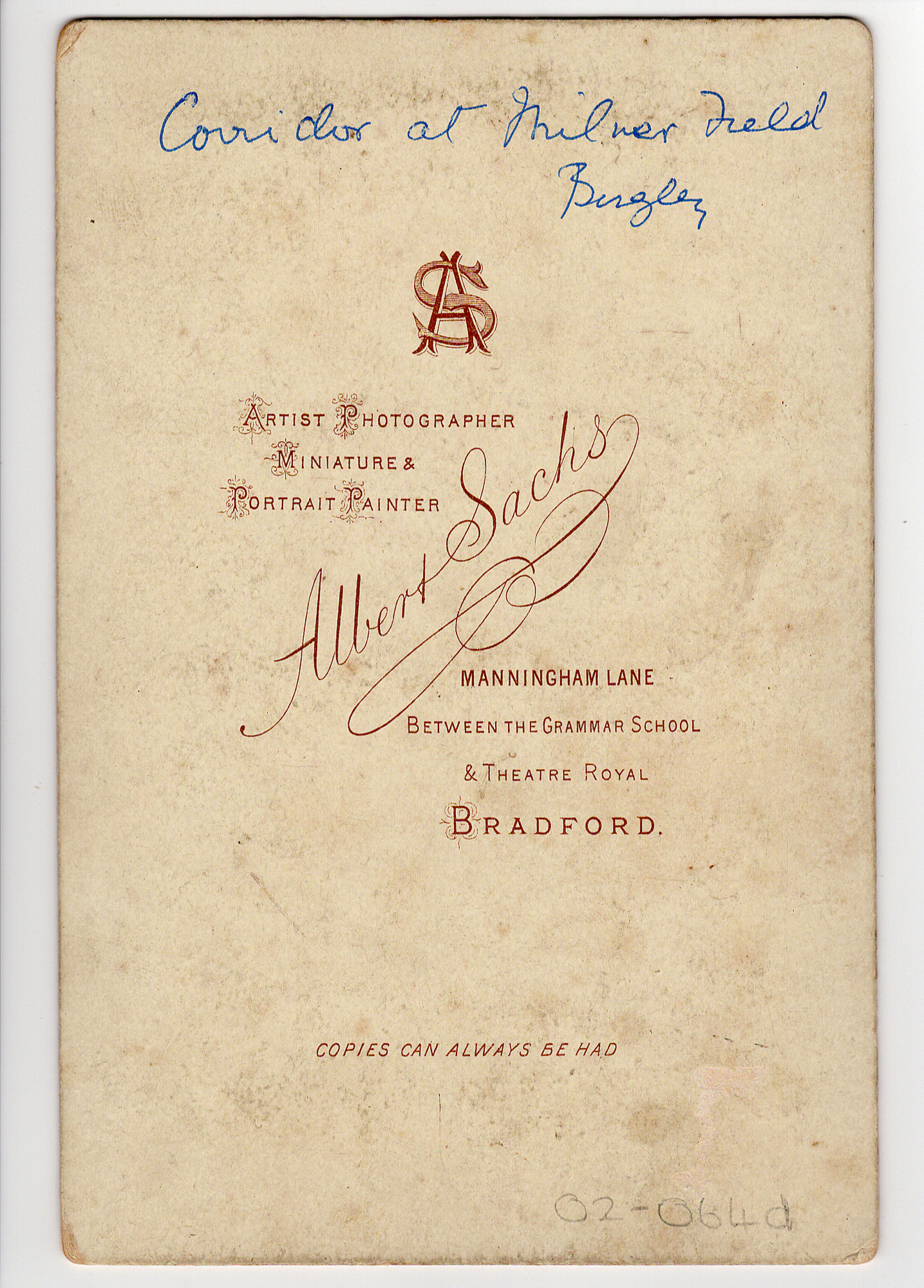 Conservatory at Milner Field: Rear of photograph