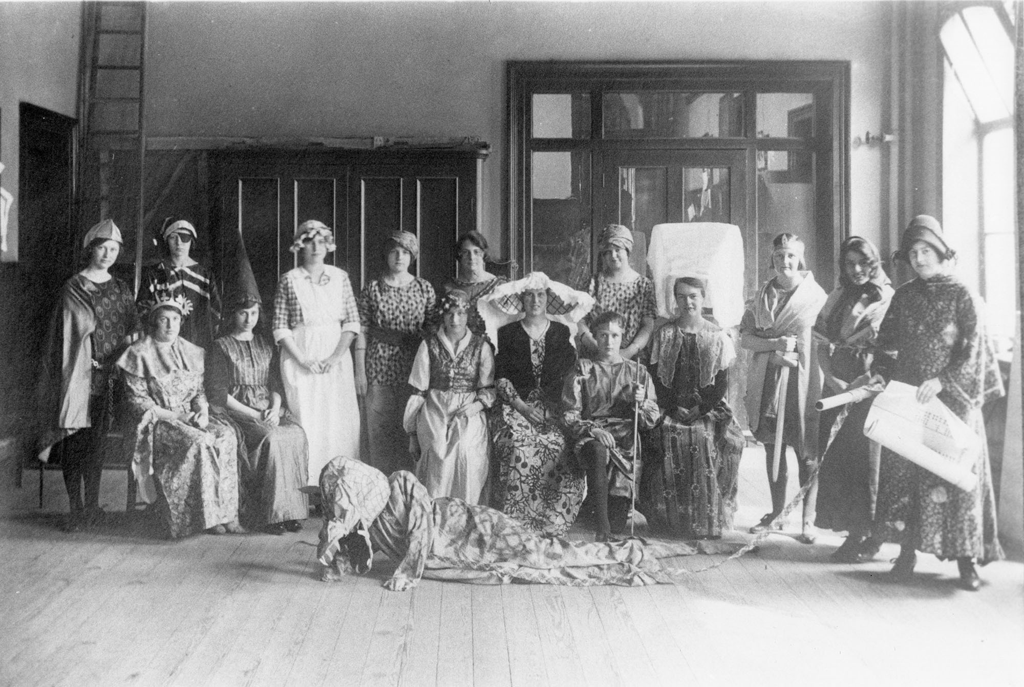 Photograph of cast and cast list of Salts Girls High School production of cast-list of 'The Dragon'