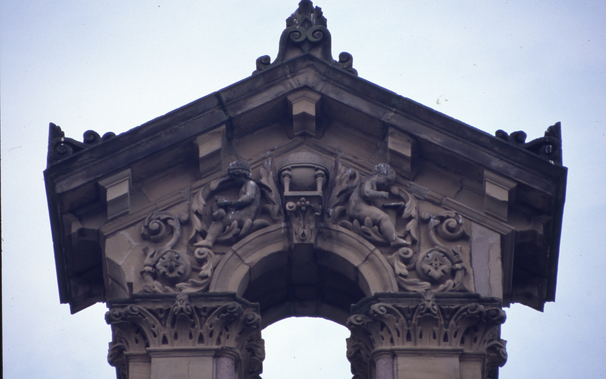 Salts School top of Bell tower with scuptures of children