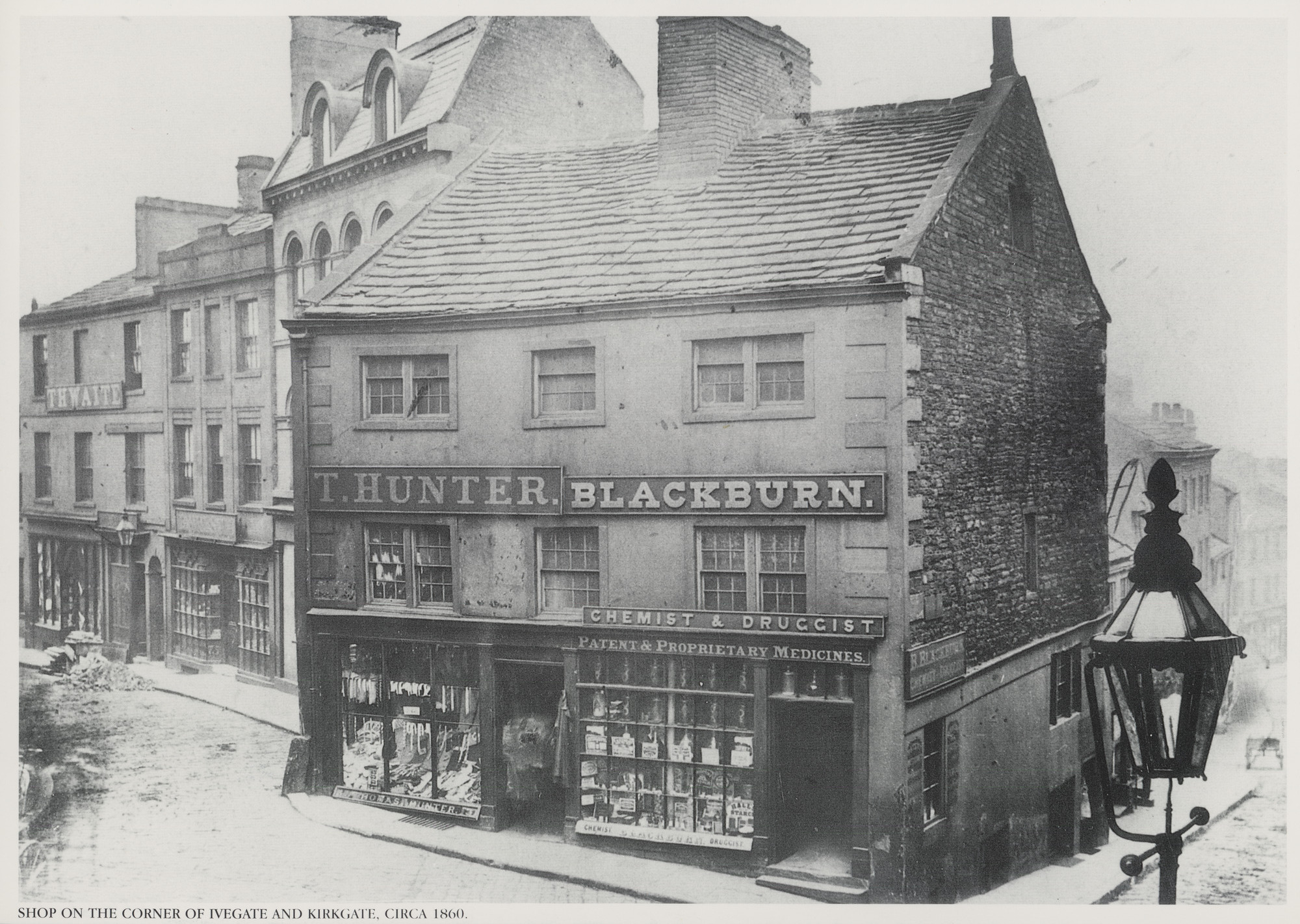 Shop on the corner of Ivegate and Kirkgate, circa 1860