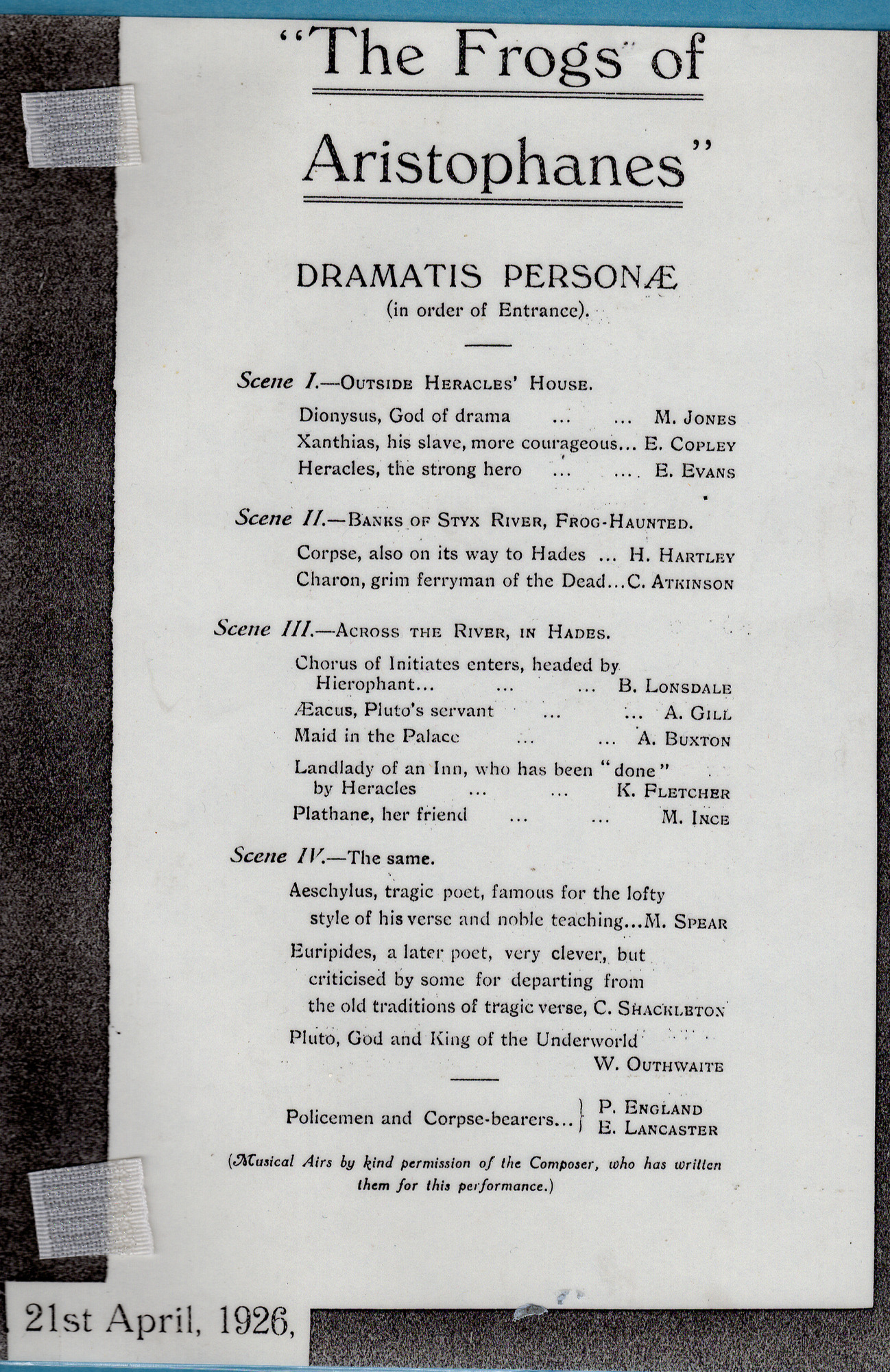 Students acting in a play: Programme for play